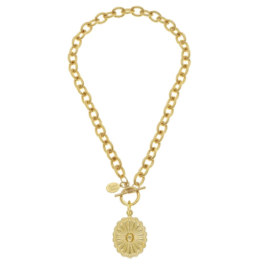 Susan Shaw: Gold Medium Oval Concho On Toggle Chain Necklace
