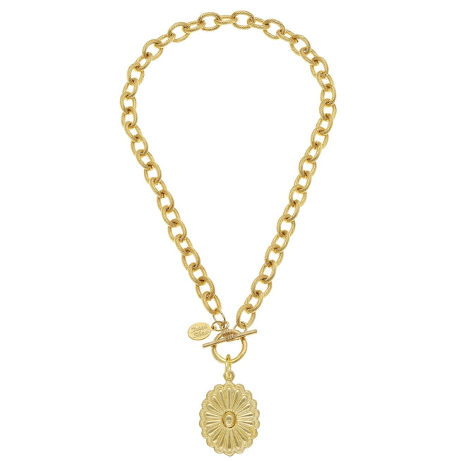 Susan Shaw: Gold Medium Oval Concho On Toggle Chain Necklace