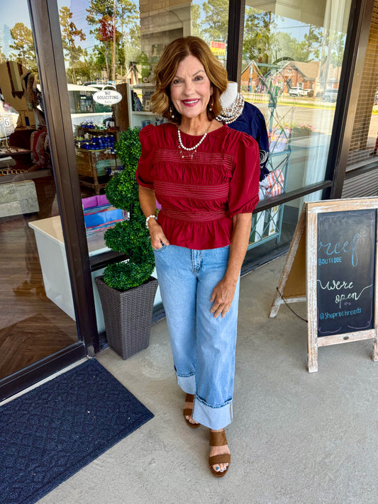 Stitch Peplum Top: Burgundy