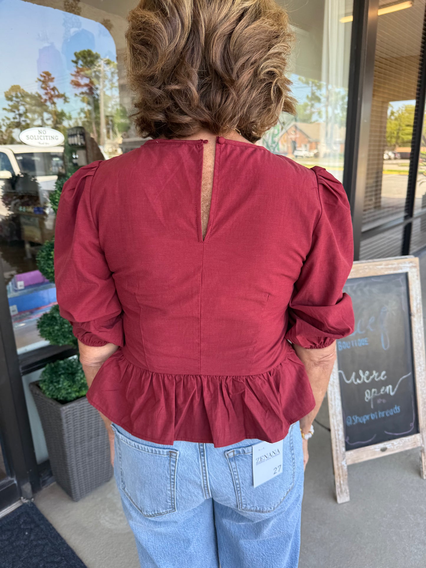 Stitch Peplum Top: Burgundy