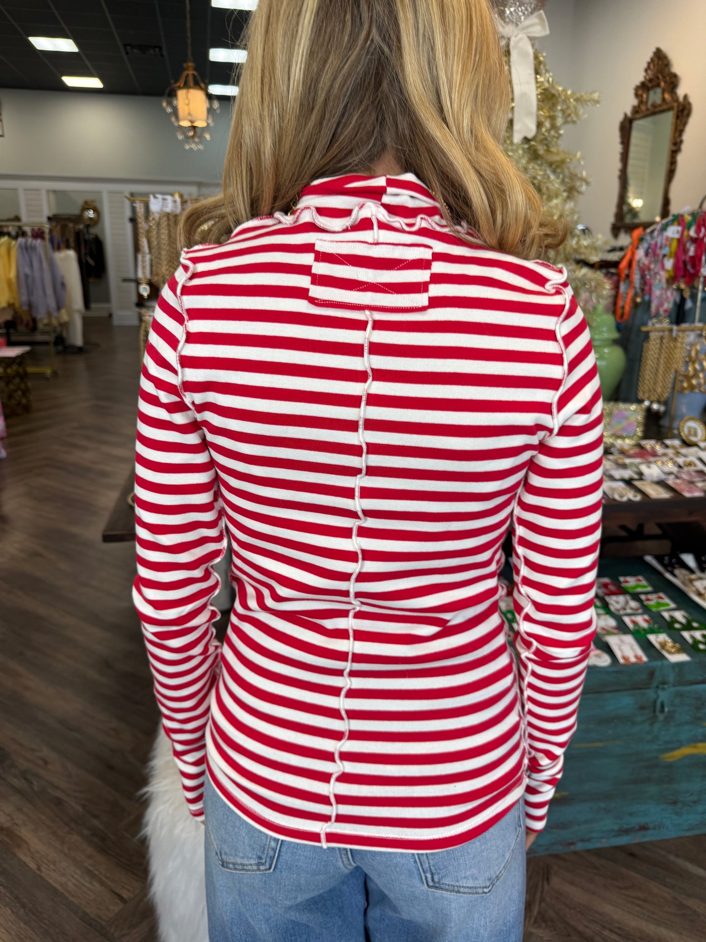 Santa Stripe Mock Neck Top