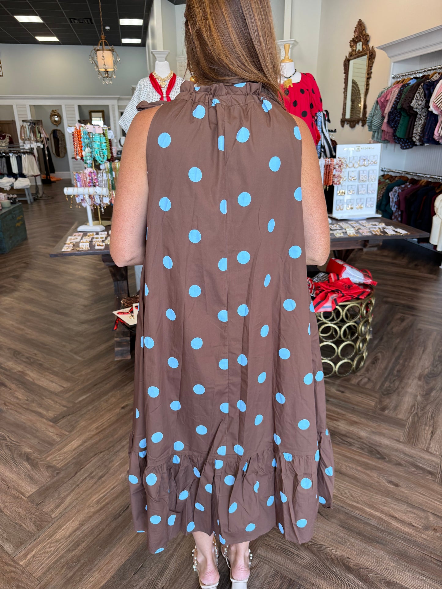 Neck Tie Dot Midi Dress: Blue/Brown