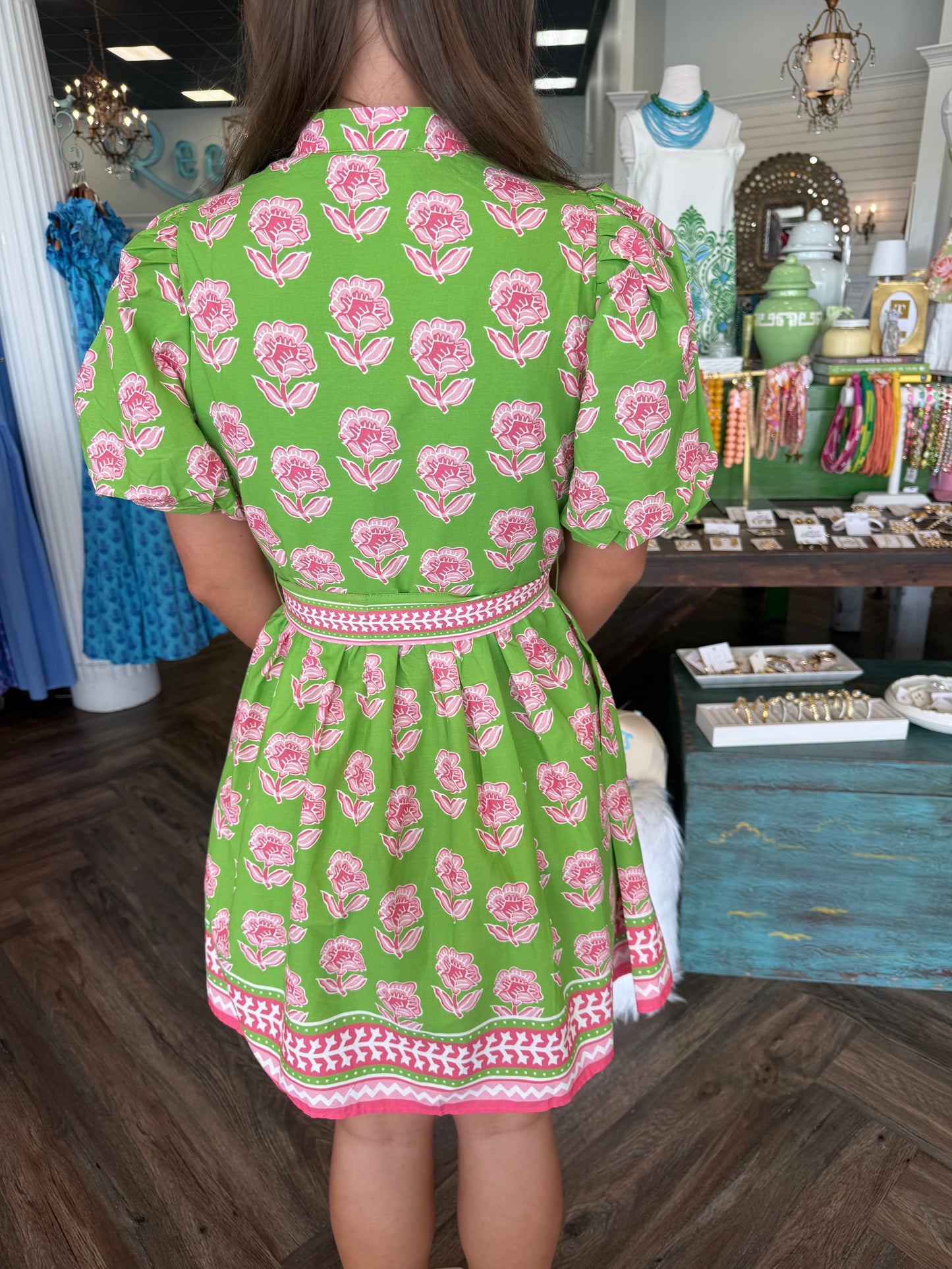 Pink and Green Floral Tassel Dress