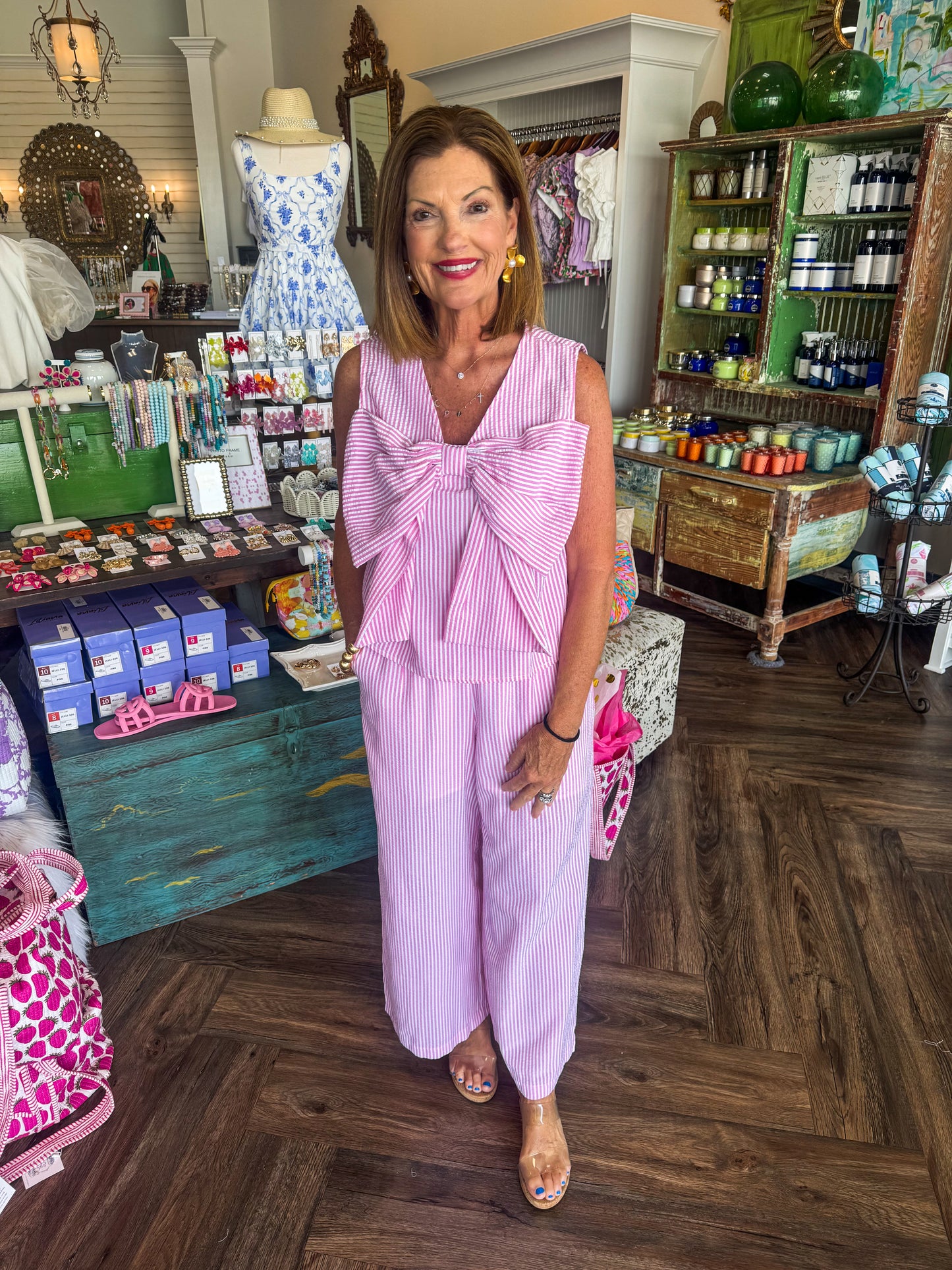 Pink Seersucker Bow Set