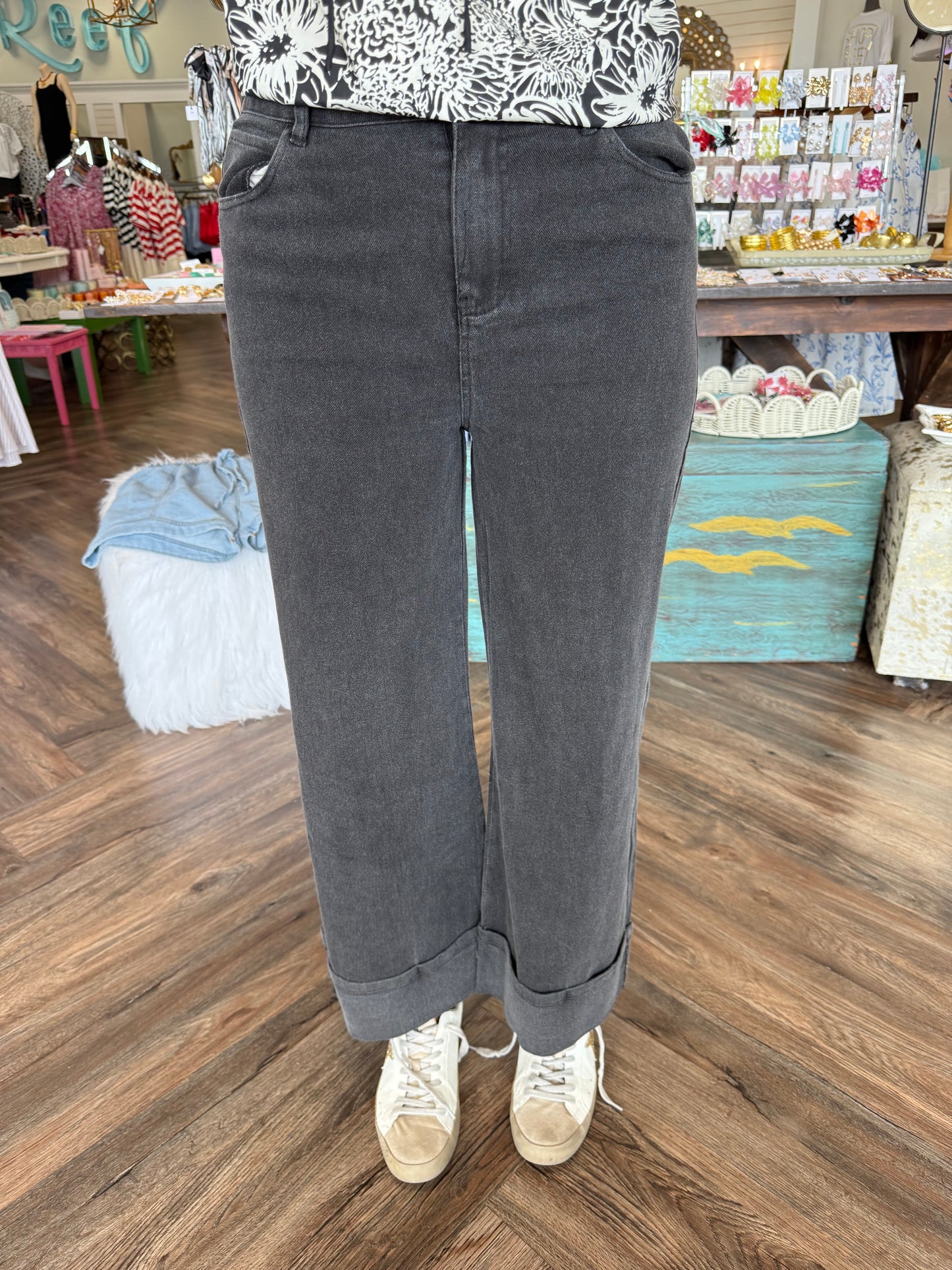 Black Cuffed Denim Pants