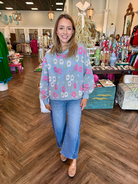 Floral Frolic Sweater: Sky