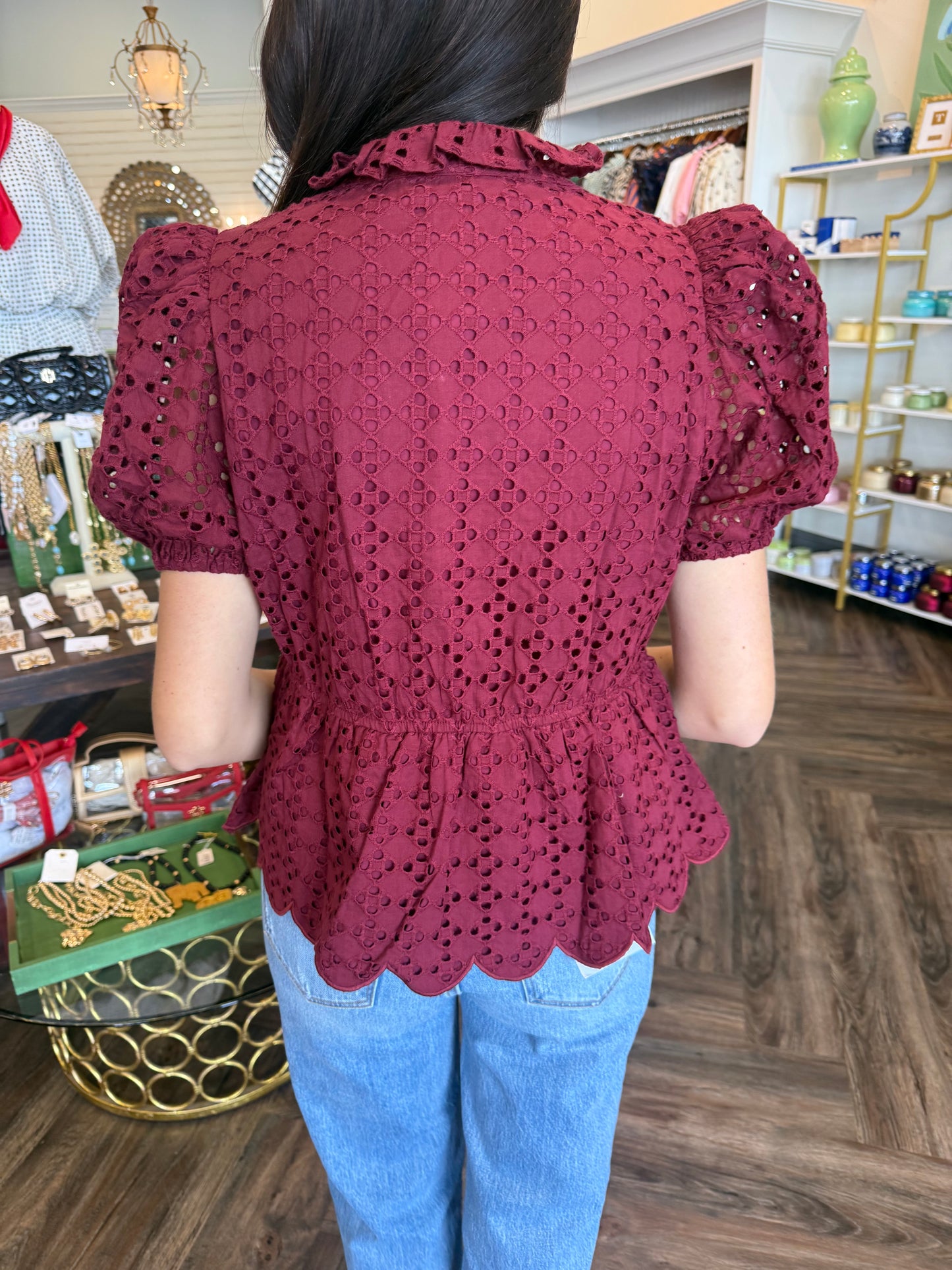 Eyelet Burgandy Peplum Top