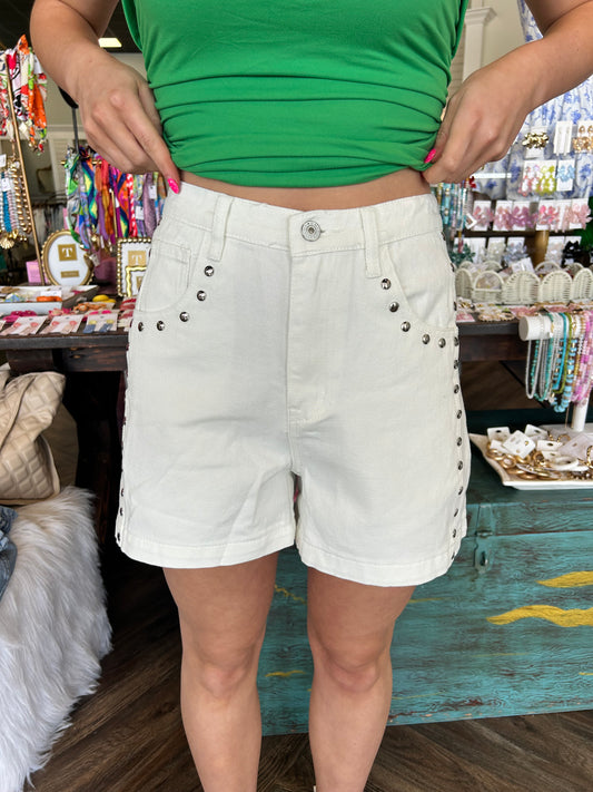Studded Denim Shorts: Off White