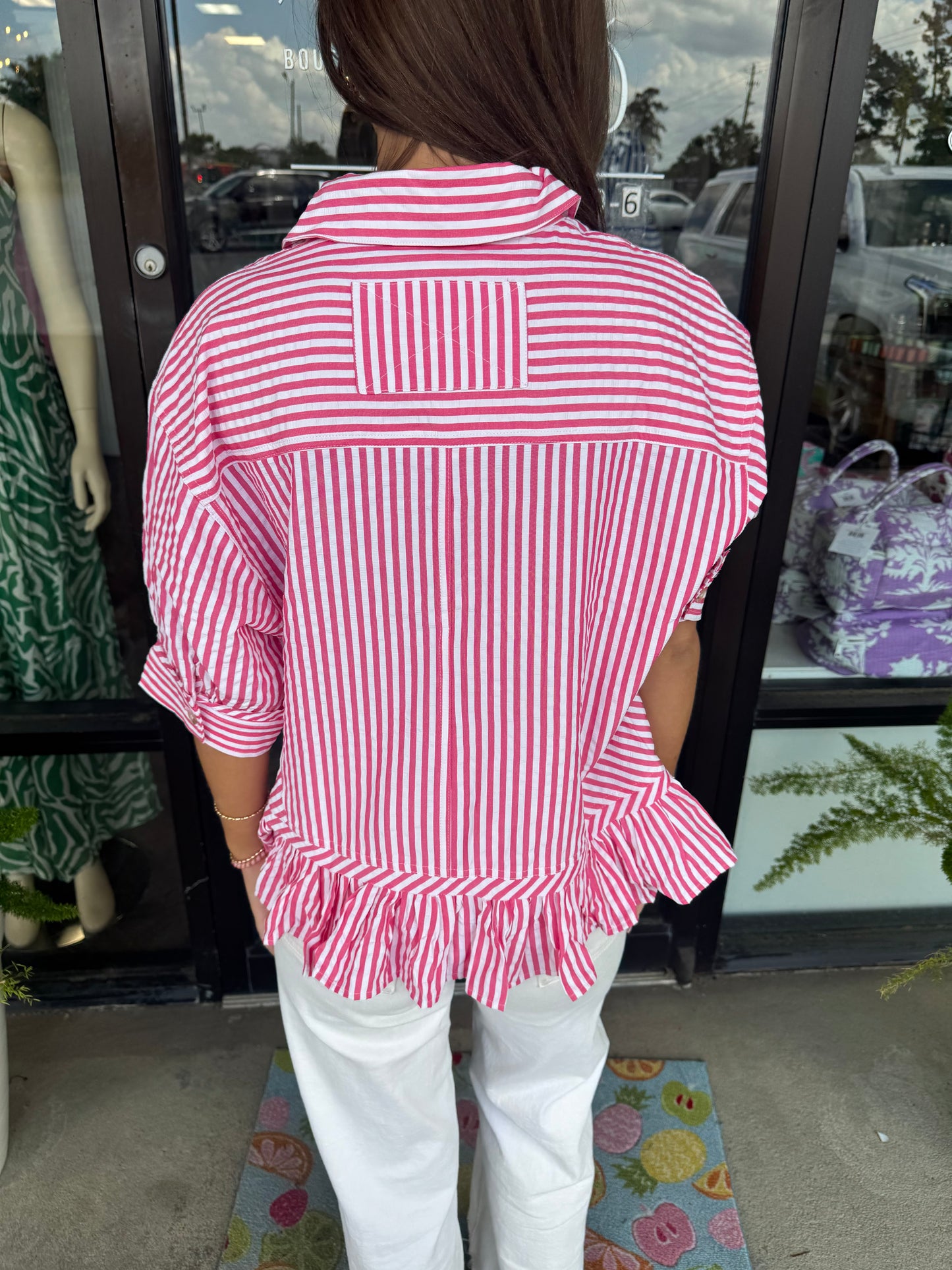 Girly Striped Ruffle Top: Pink