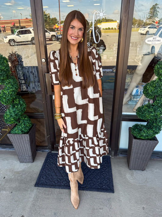 Brown and White Midi Dress