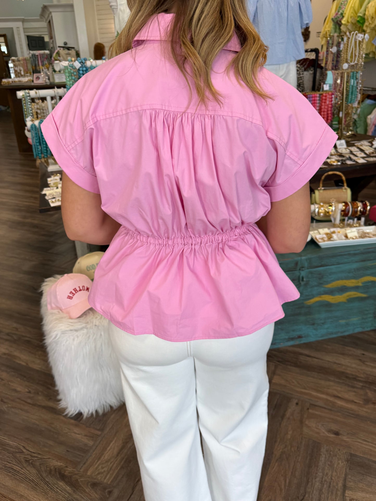 Collar Drawstring Blouse: Pink