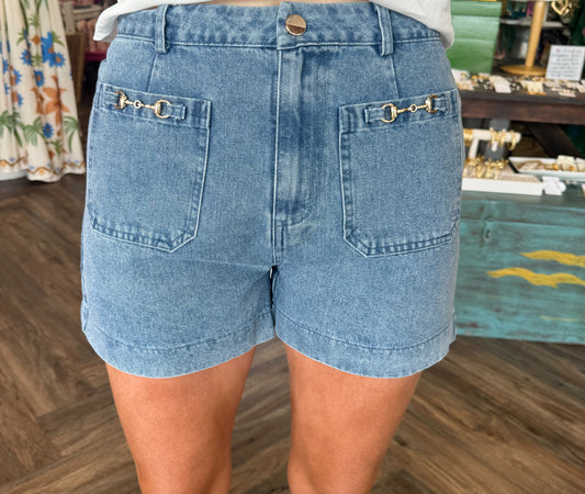 Horsebit Pocket Shorts: Denim