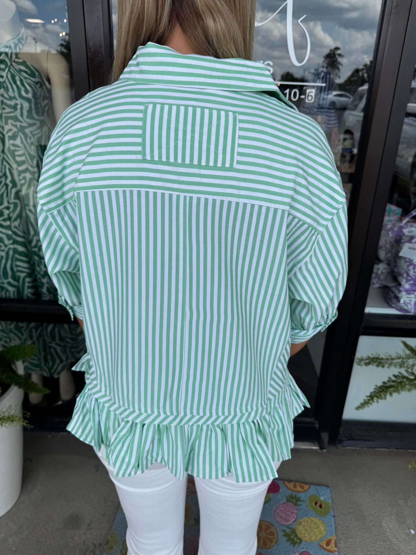 Girly Striped Ruffle Top: Green