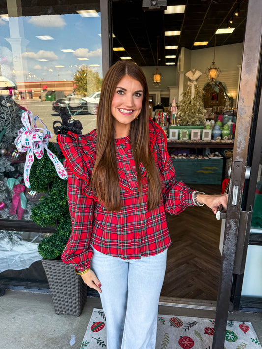 Ruffle Trim Plaid Top
