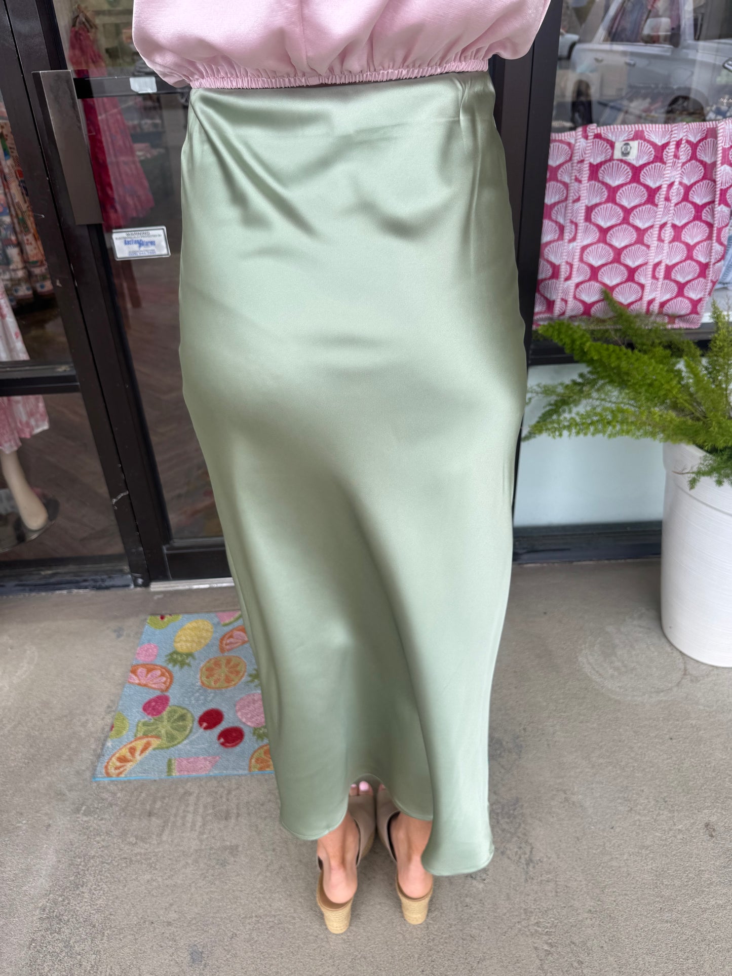 Sage Satin Midi Skirt