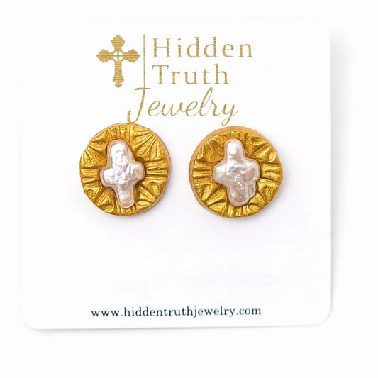 Hidden Truth: Mother of Pearl Cross Studs