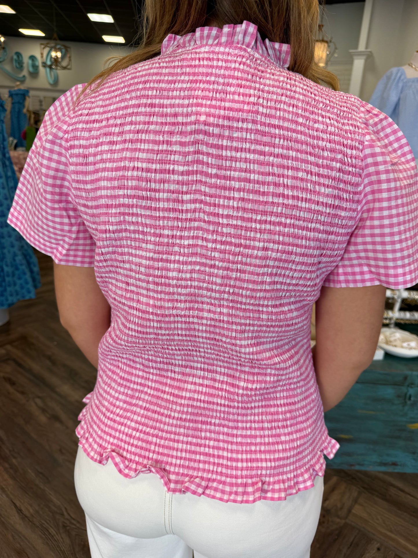 Pink Zip Fitted Smocked Gingham Top