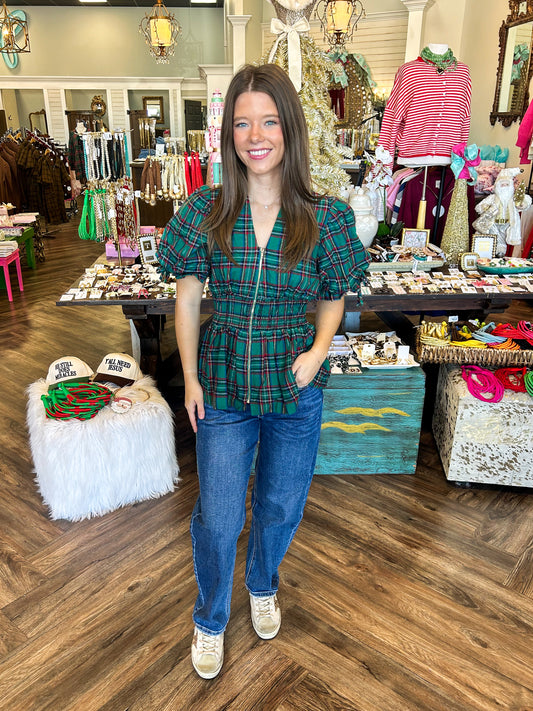 Flannel Plaid Zip Top: Green