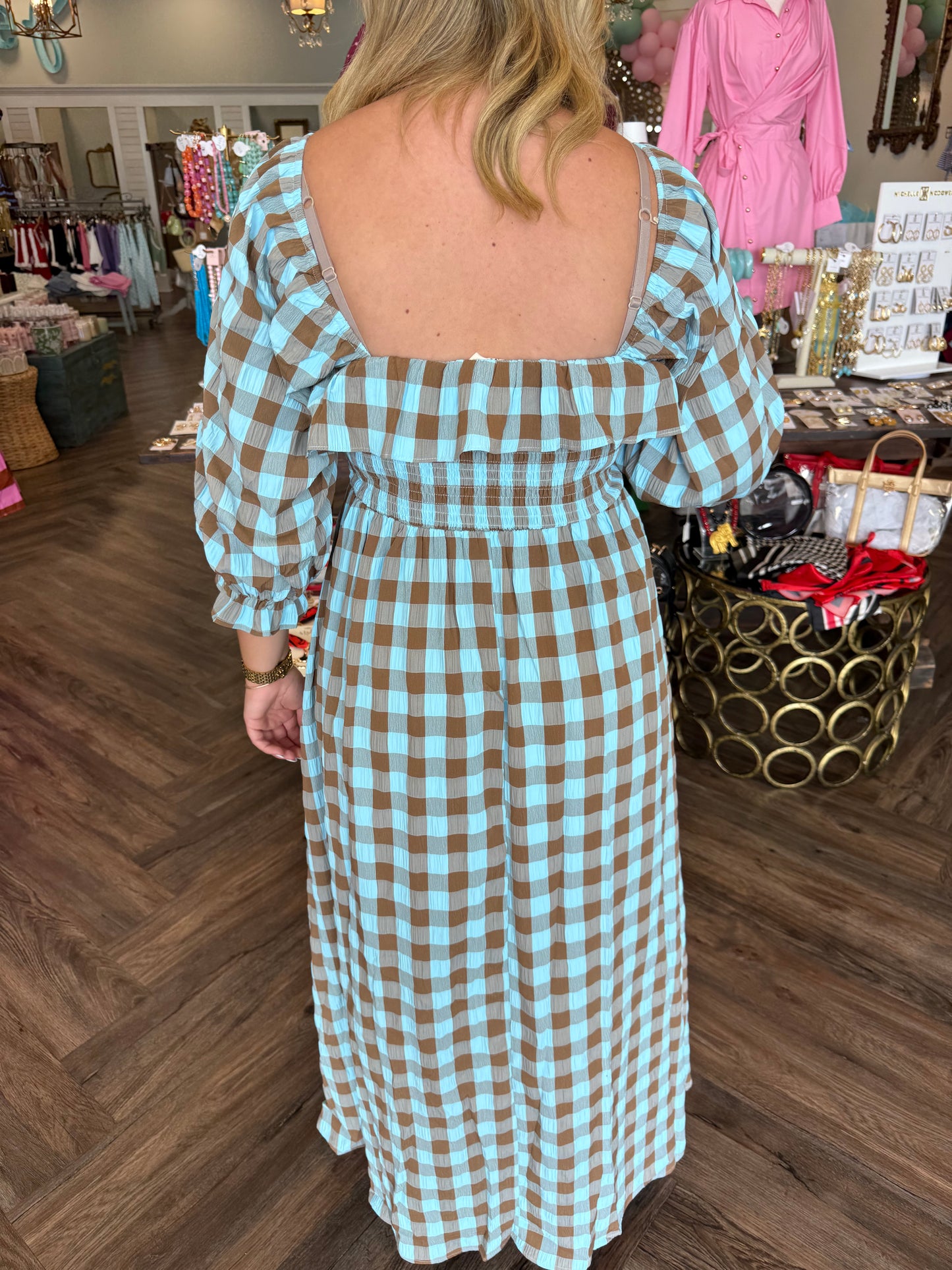Blue/Brown Gingham Maxi Dress