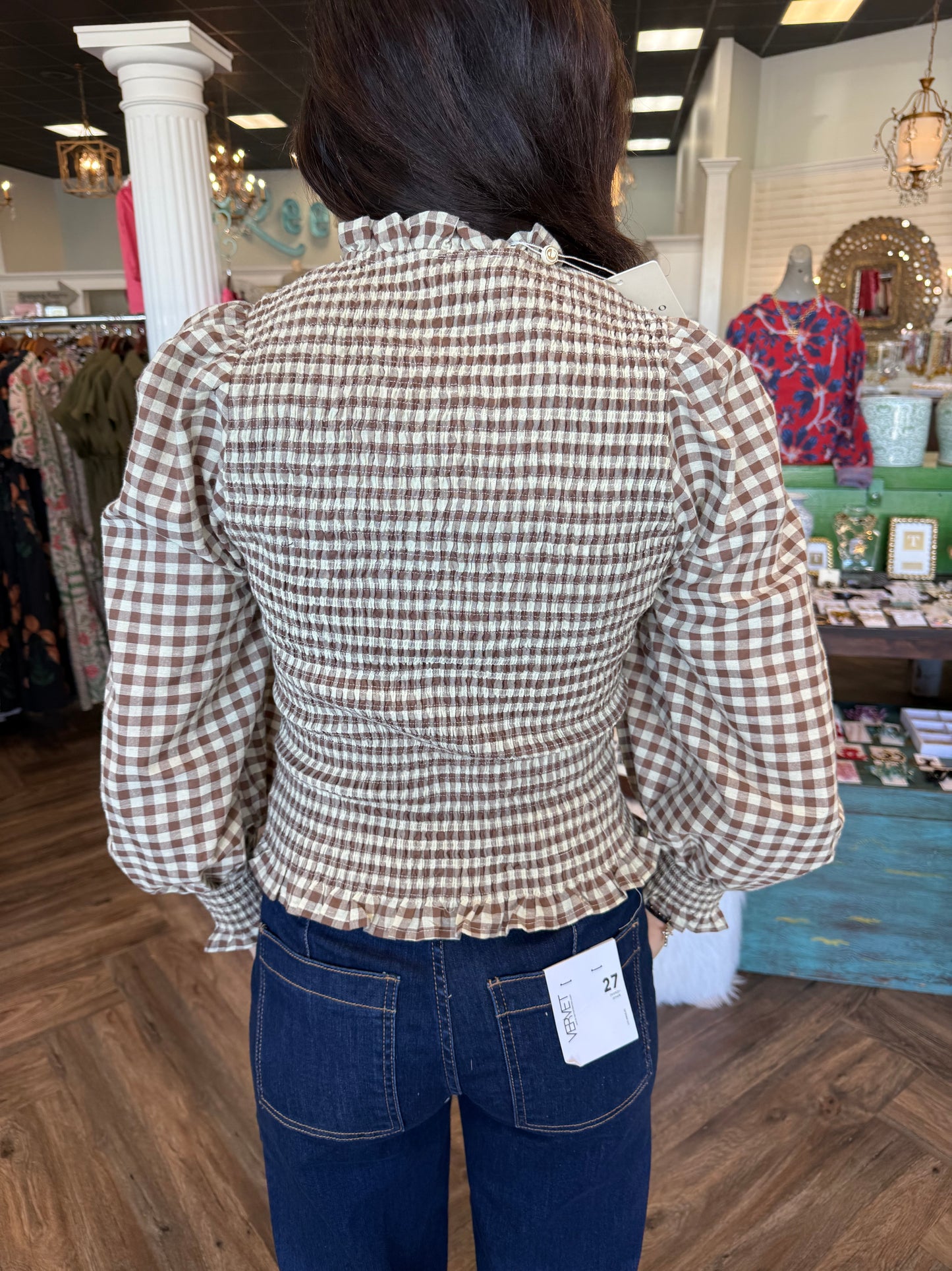 Gingham Smocked Zipper Top: Brown