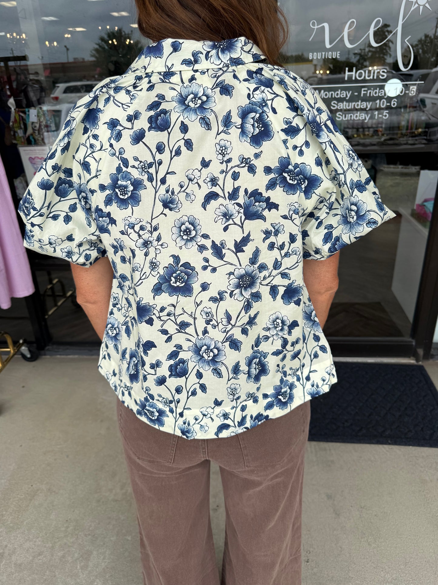 Blue Flower Button Top