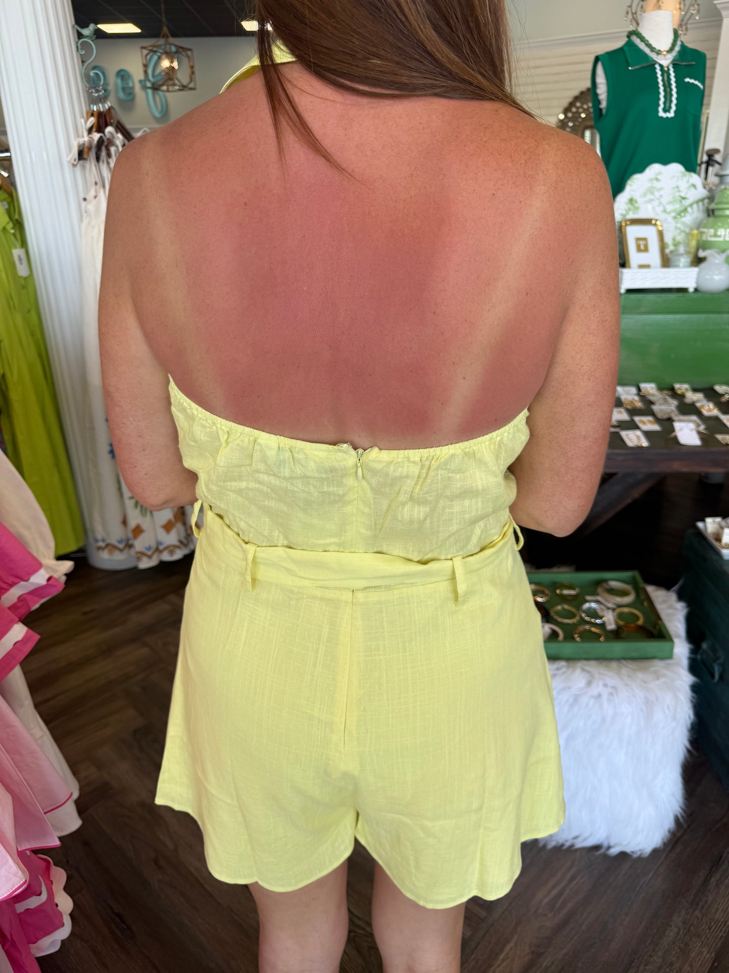 Belted Linen Romper: Banana