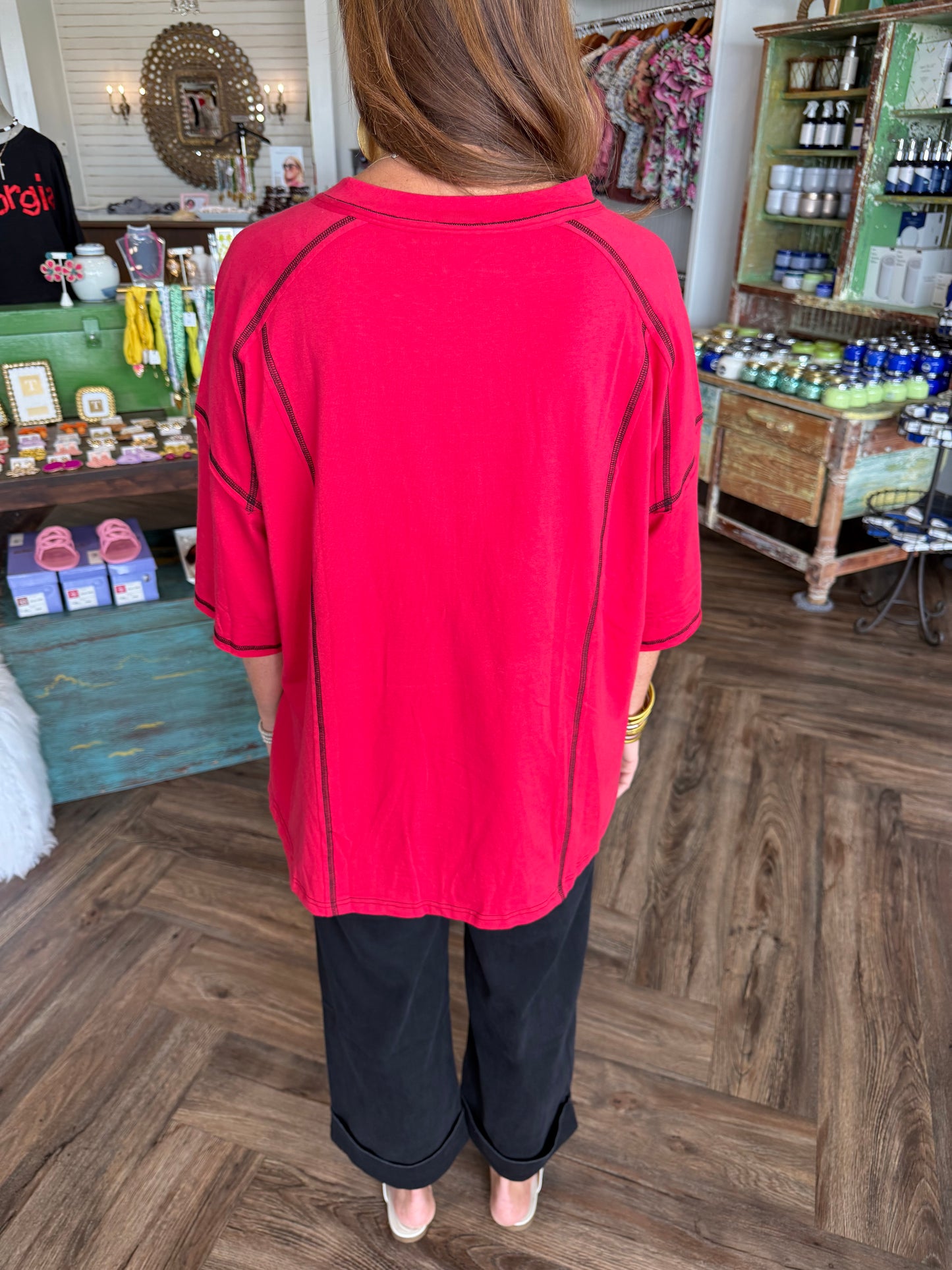 Relaxed Button Henley Tee: Red