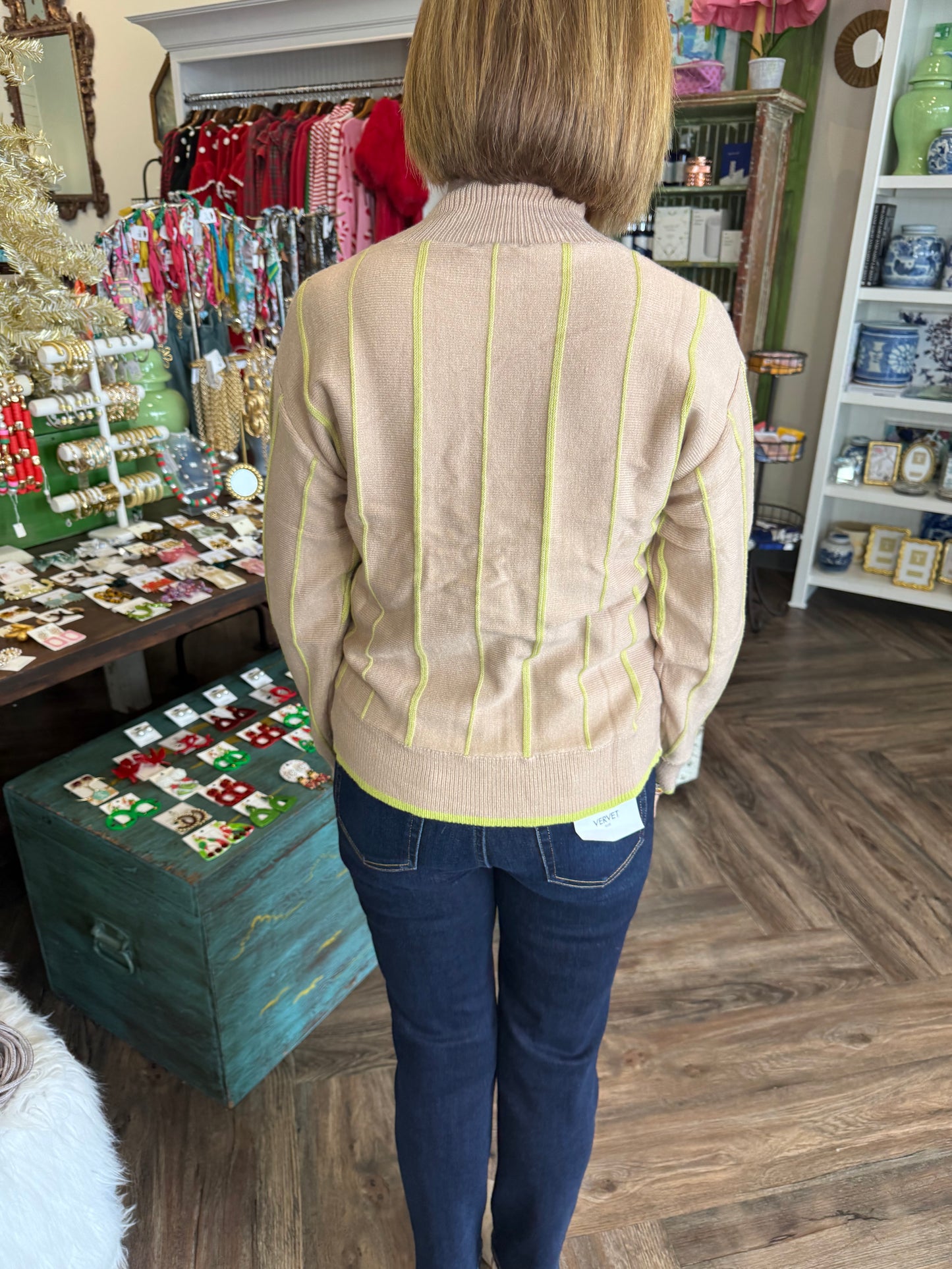 Mock Neck Taupe Lime Sweater