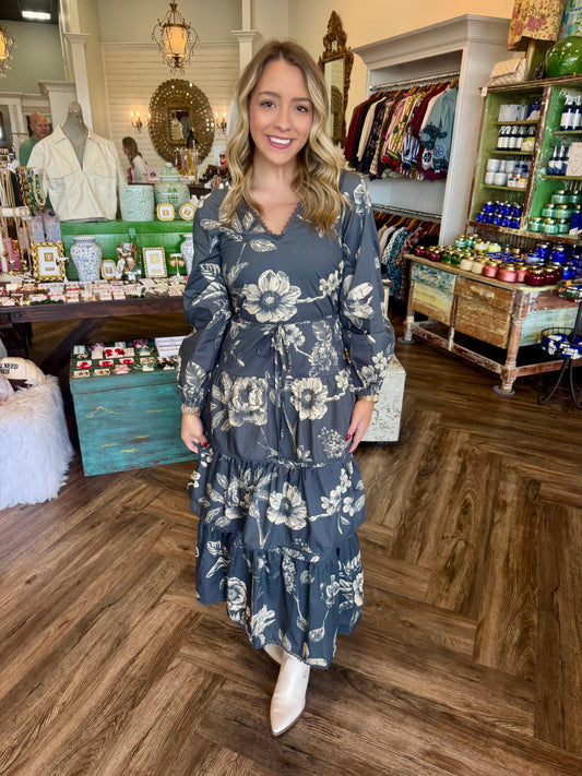 Tiered Charcoal Midi Dress
