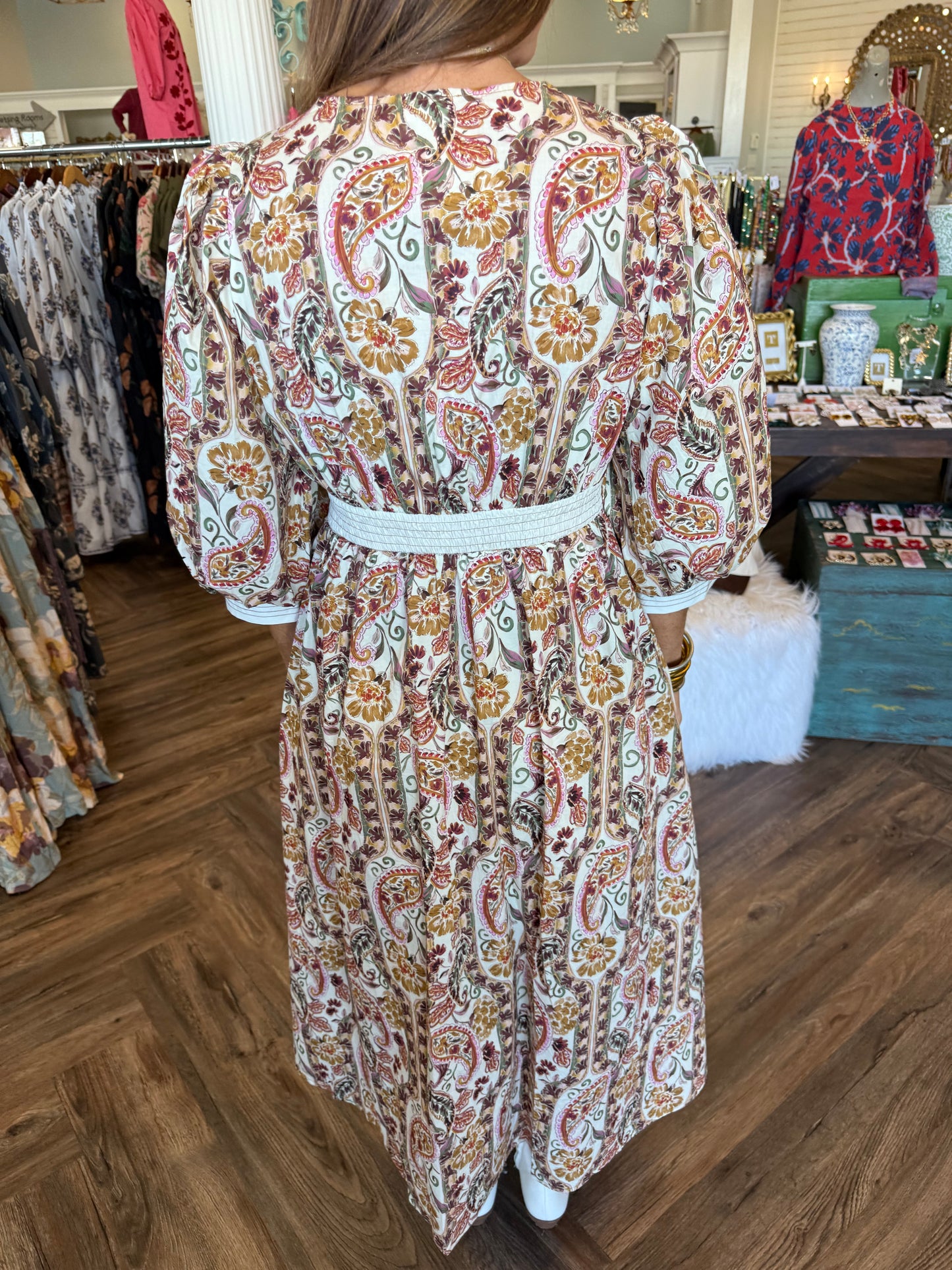 Floral Paisley Zip Midi Dress: Cream