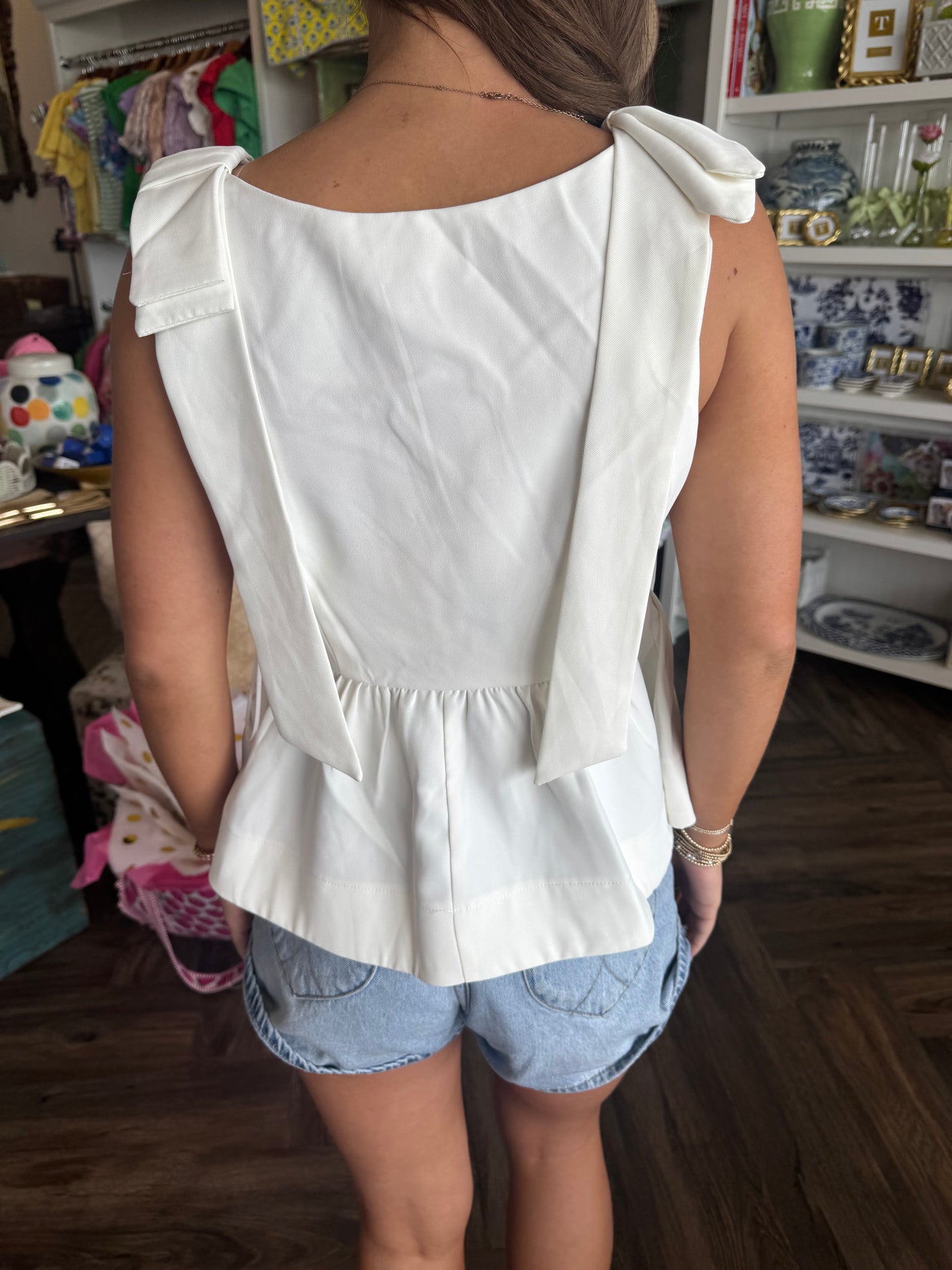 Bow Peplum Tank: White