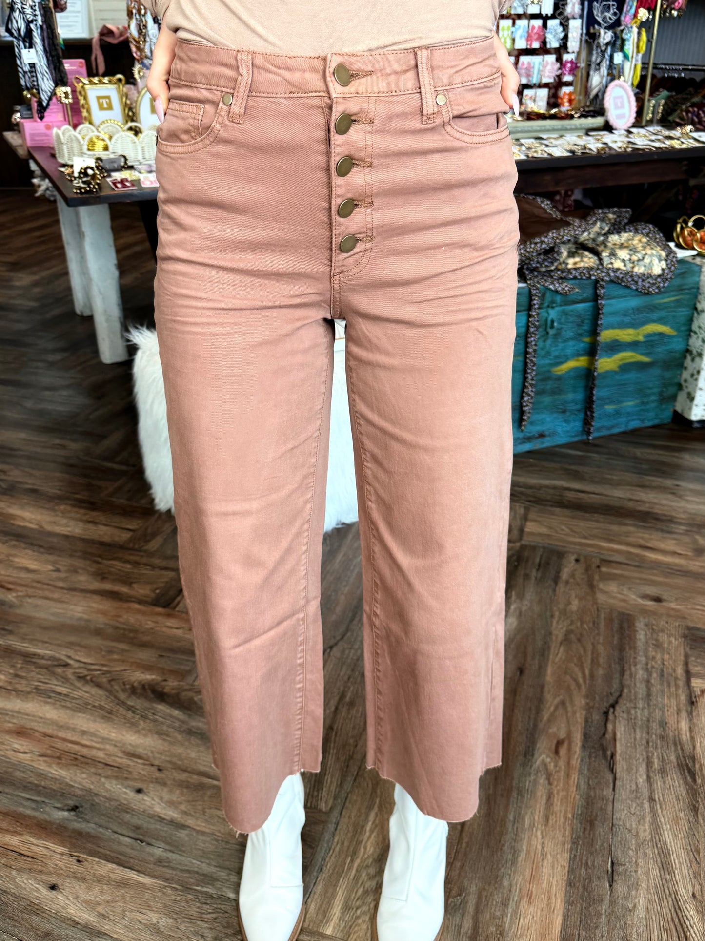 Button Fly Jeans: Red Bean