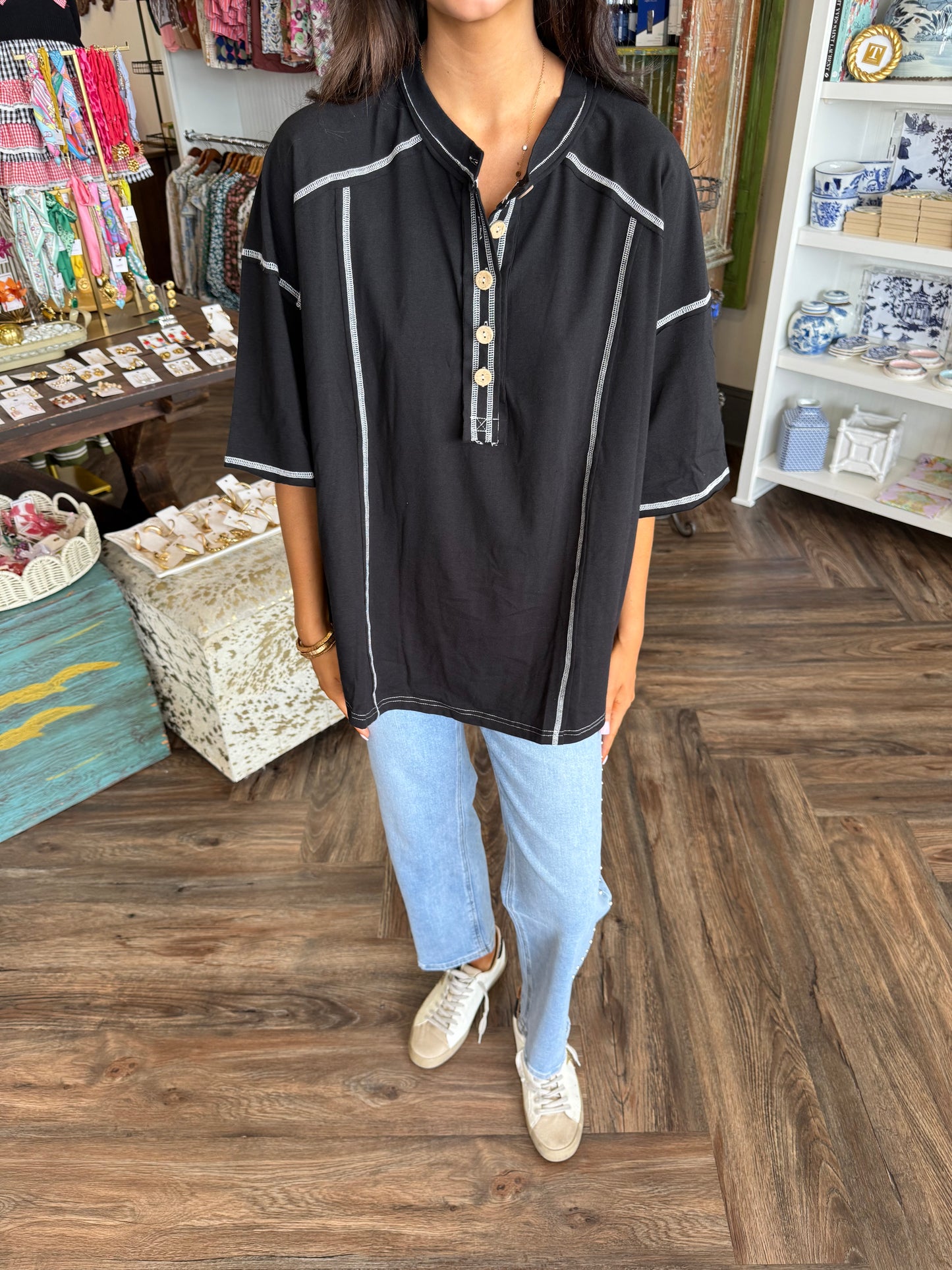 Relaxed Button Henley Tee: Black