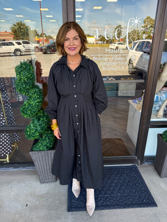 Synched Waist Midi Dress: Black