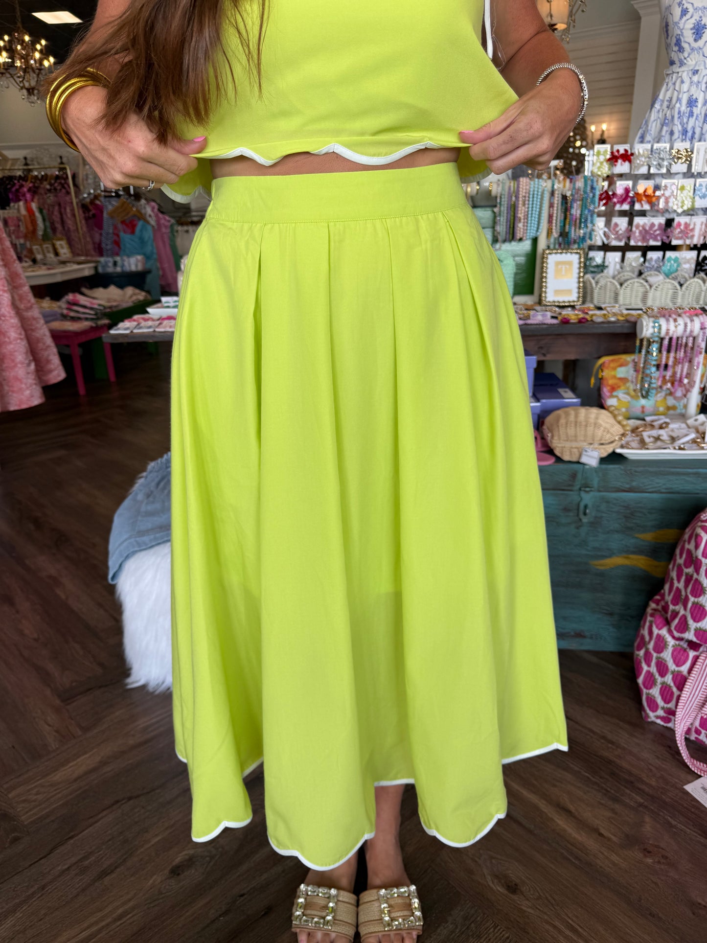 Scalloped Outline Tank Top Skirt Set: Lime