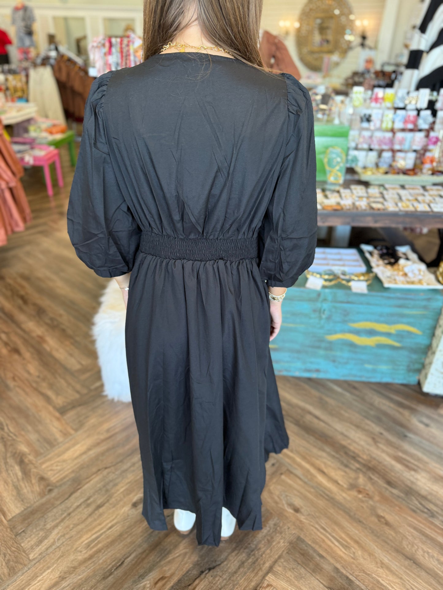 Solid Black Zipper Midi Dress