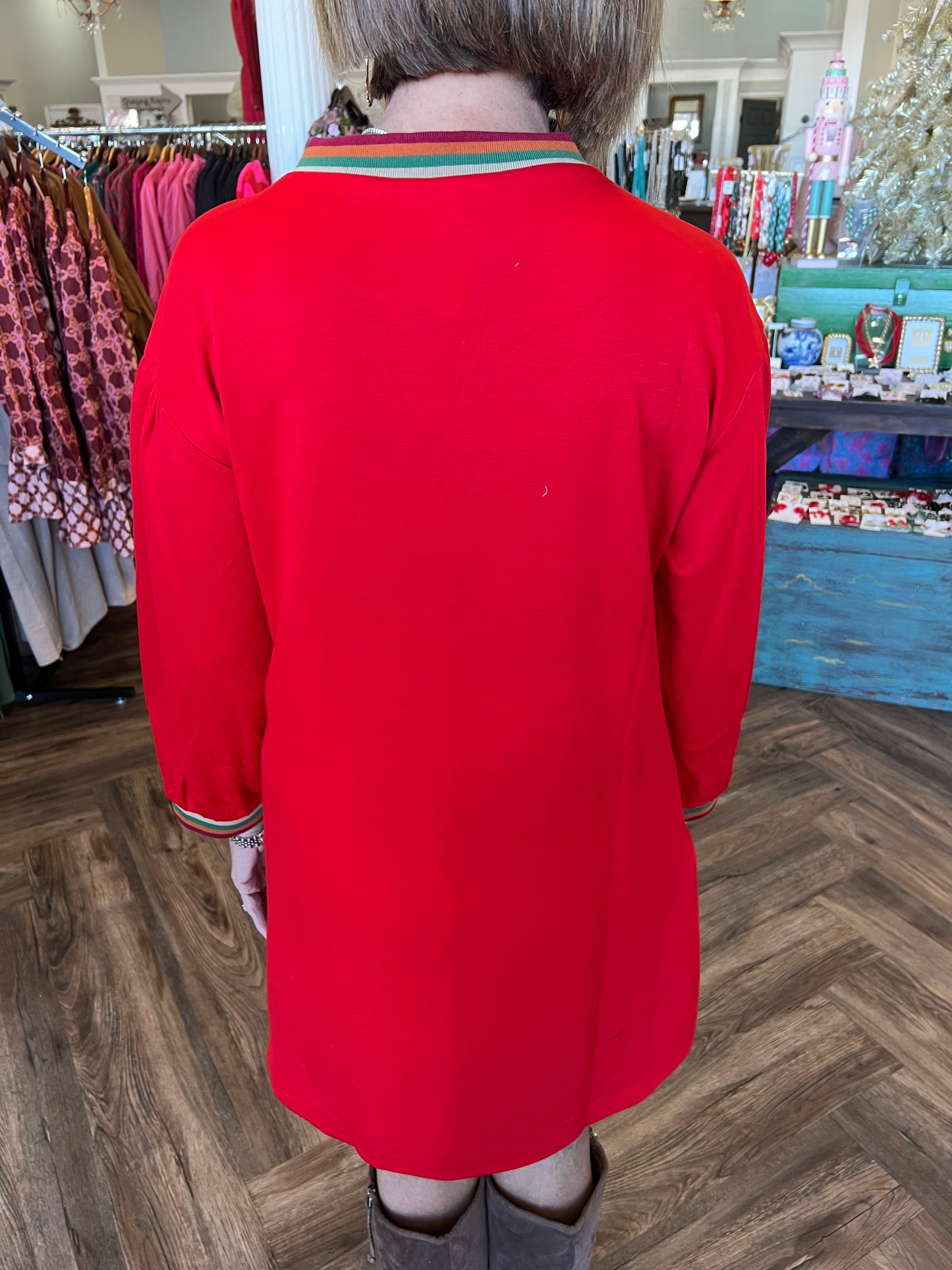 Color Band Accent Dress: Red