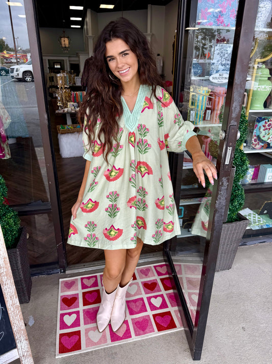 Abstract Print Mini Dress: Sage