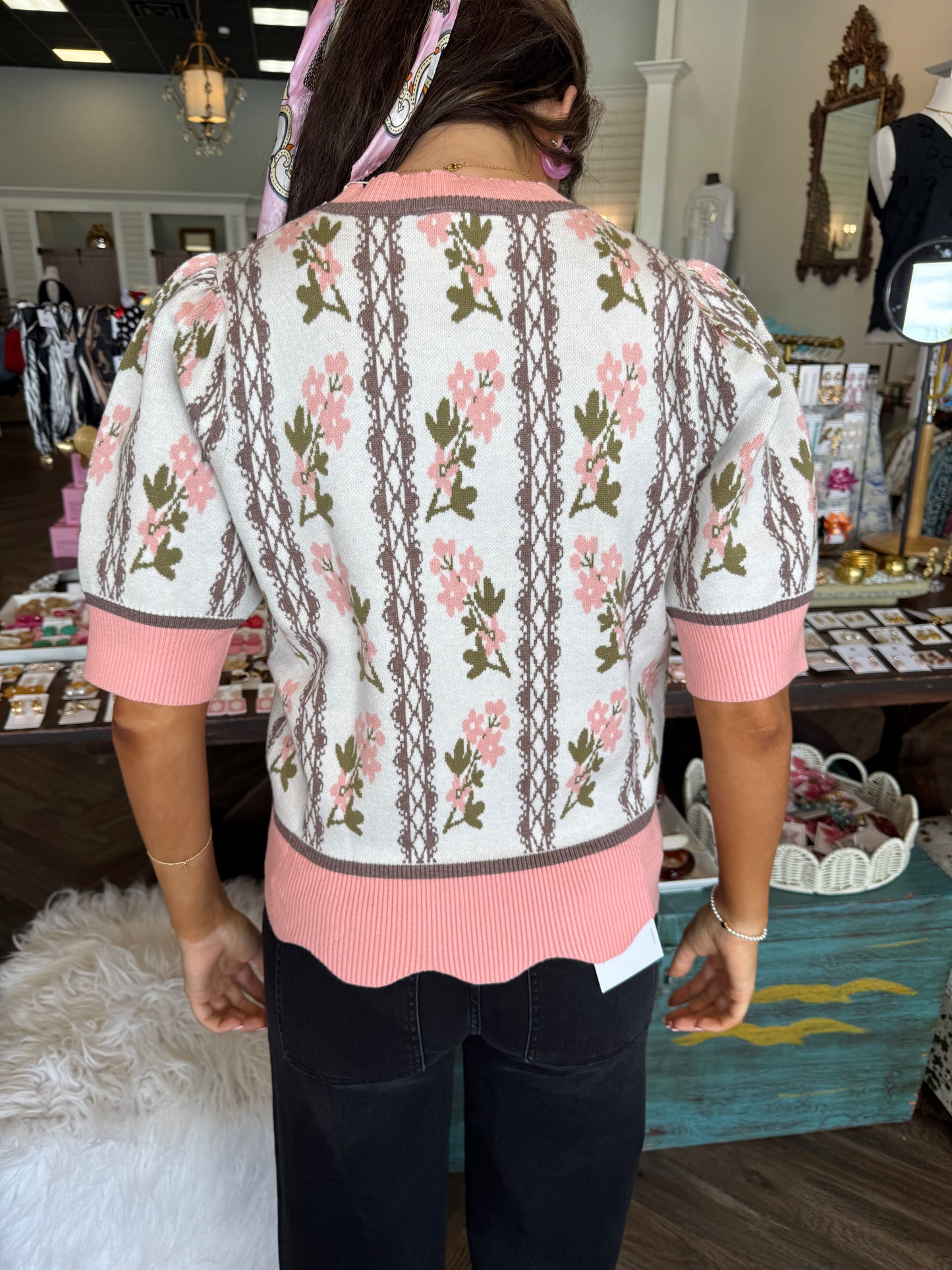 Scalloped Floral Sweater Top: Cream