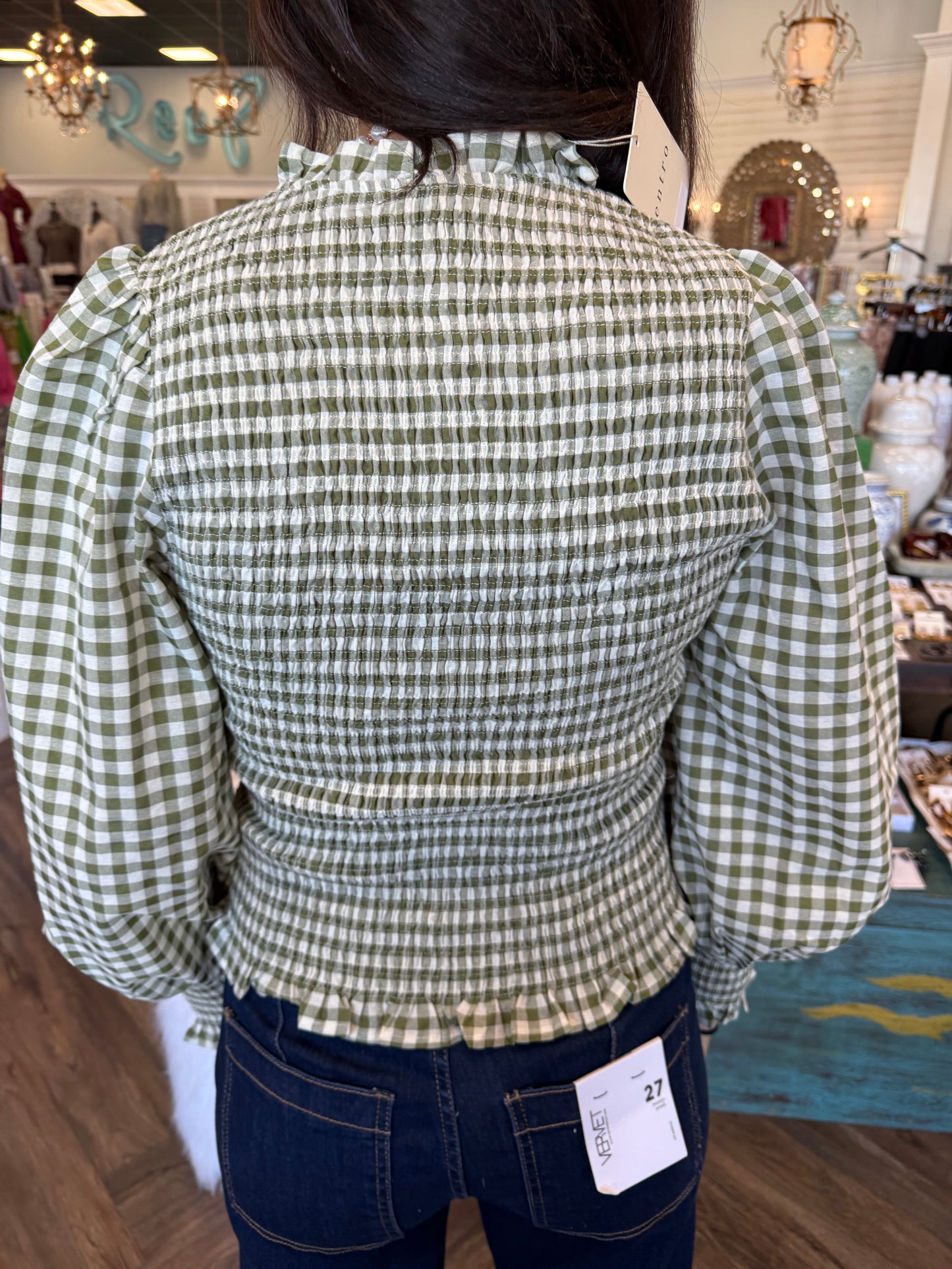 Gingham Smocked Zipper Top: Sage