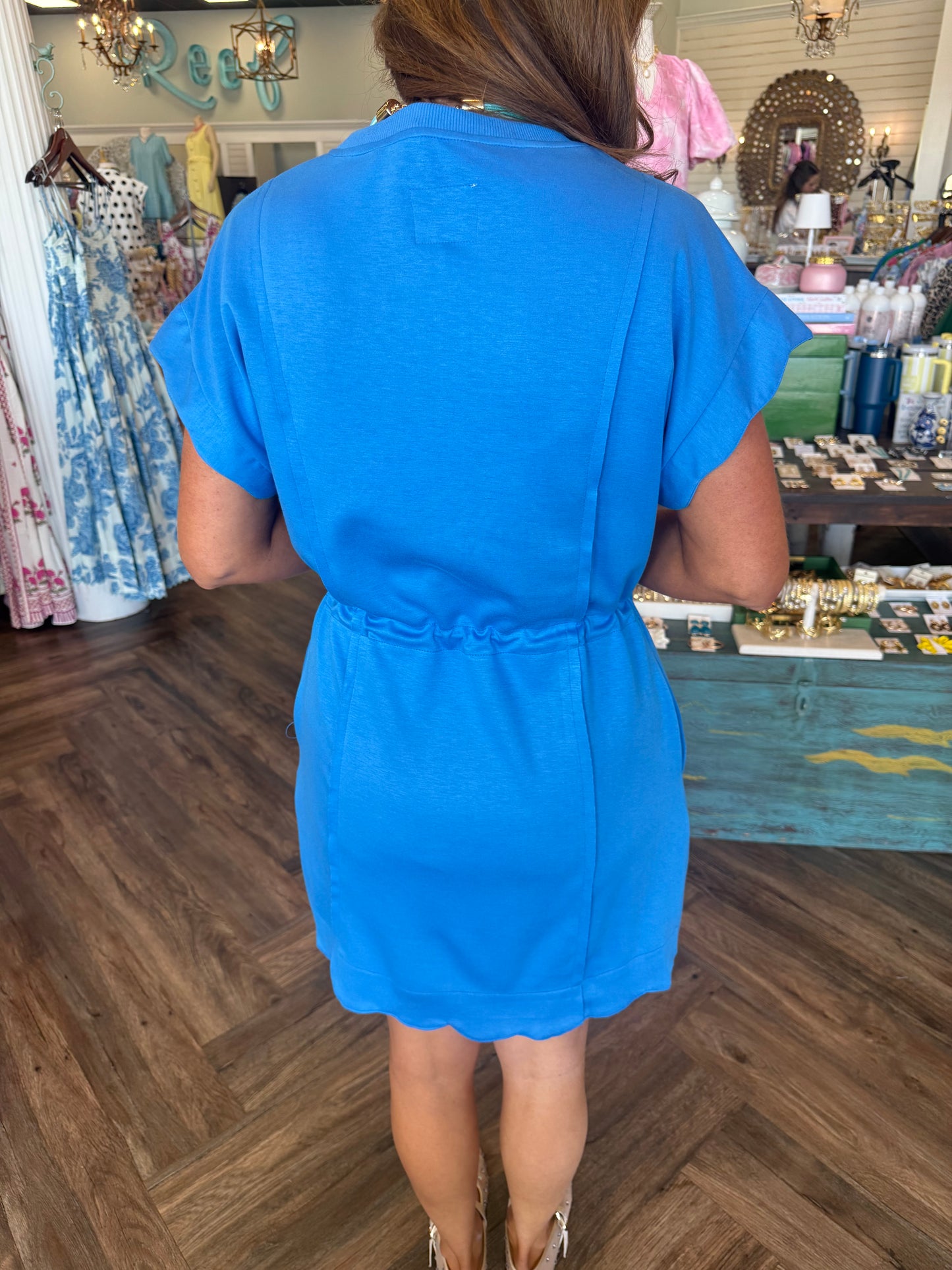 Scalloped Drawstring Dress: Ocean