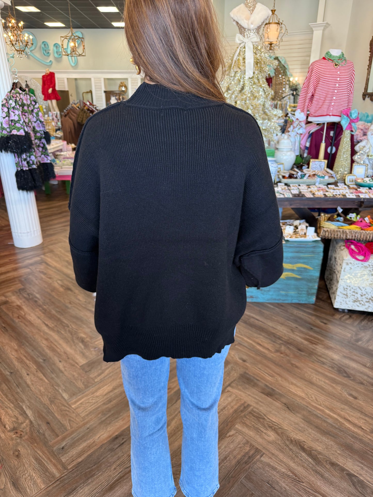 Mockneck Side Slit Sweater: Black