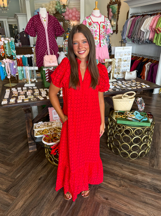 Red Eyelet Midi Dress