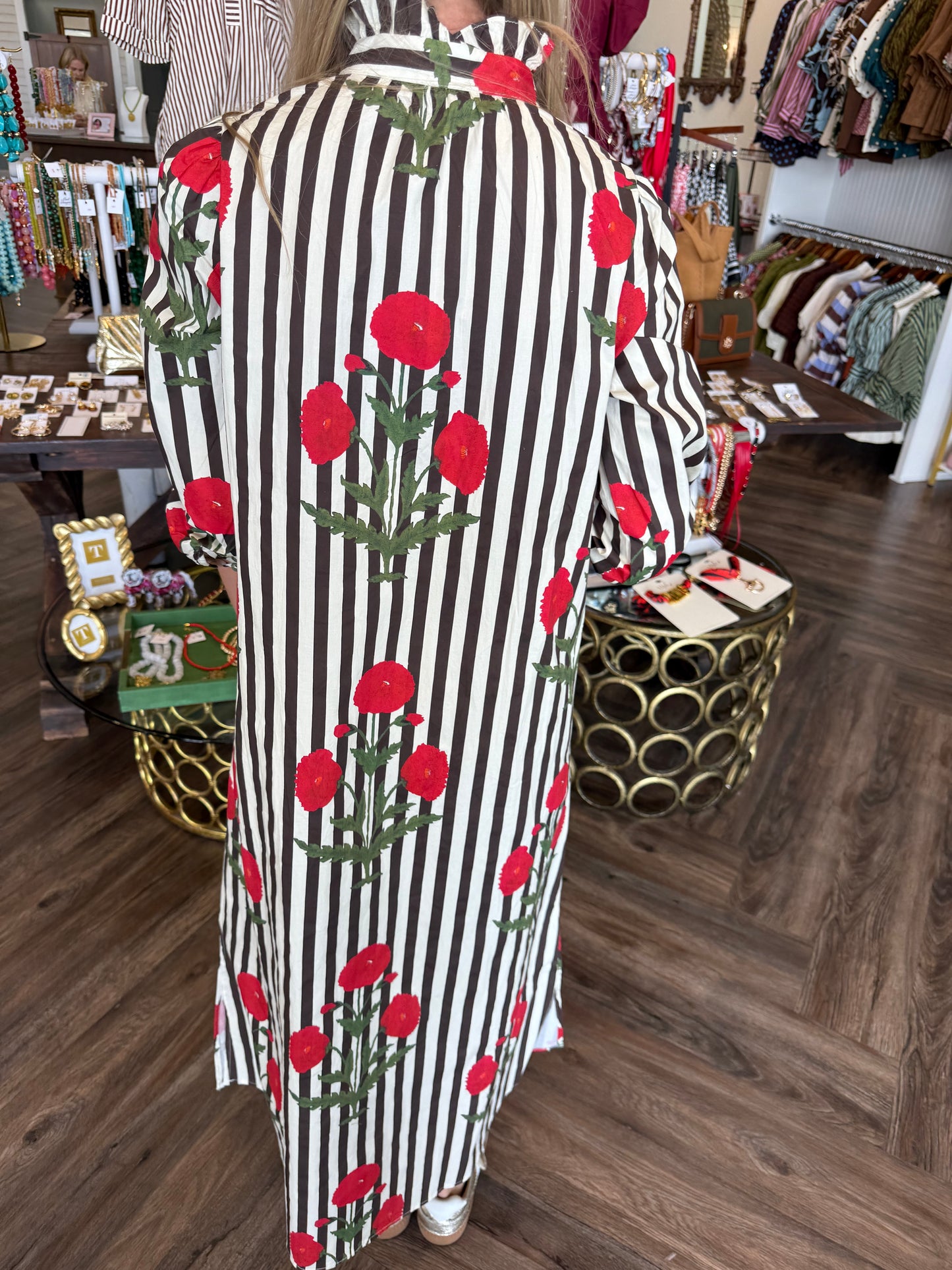 Peony Stripe Midi Dress: Brown