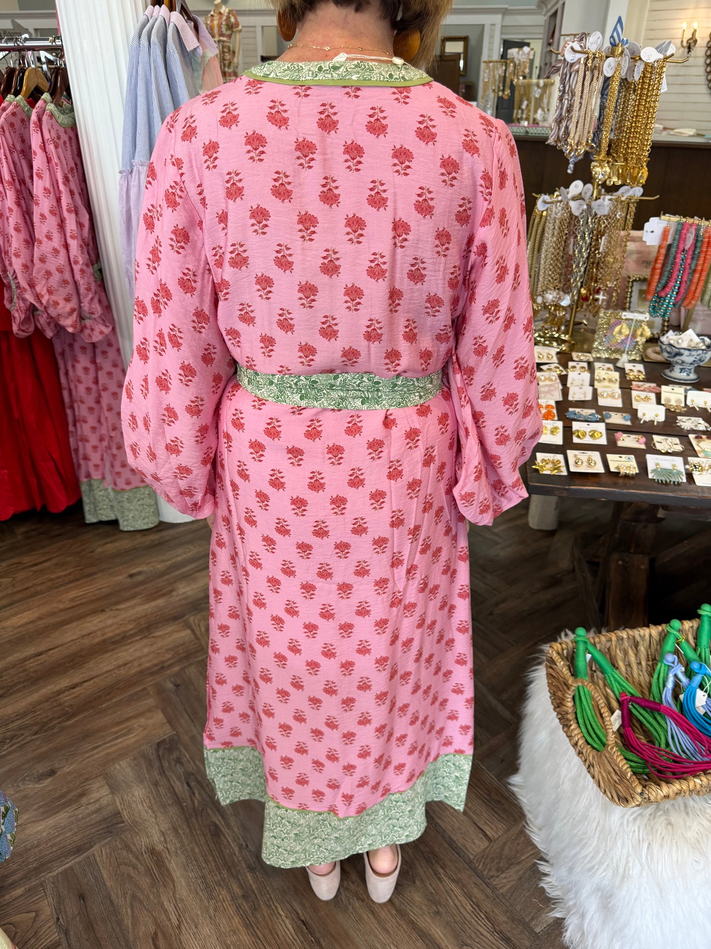 Green Trim Pink Midi Dress