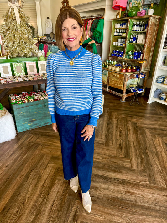 Mock Neck Striped Sweater: Blue