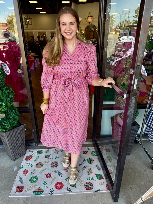 Dainty Floral Pink Tie Midi Dress