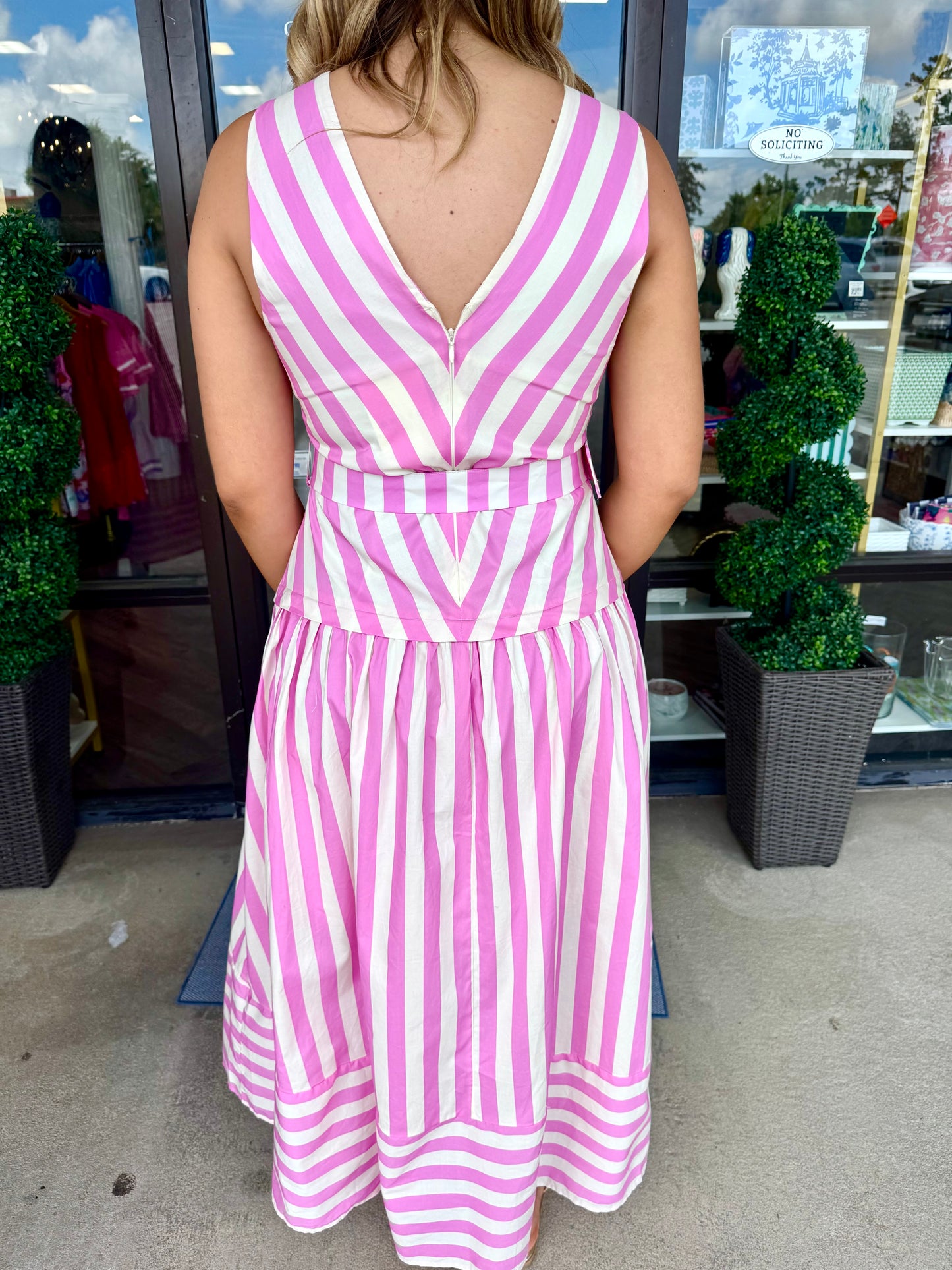 Vertical Stripe Belted Midi Dress: Pink