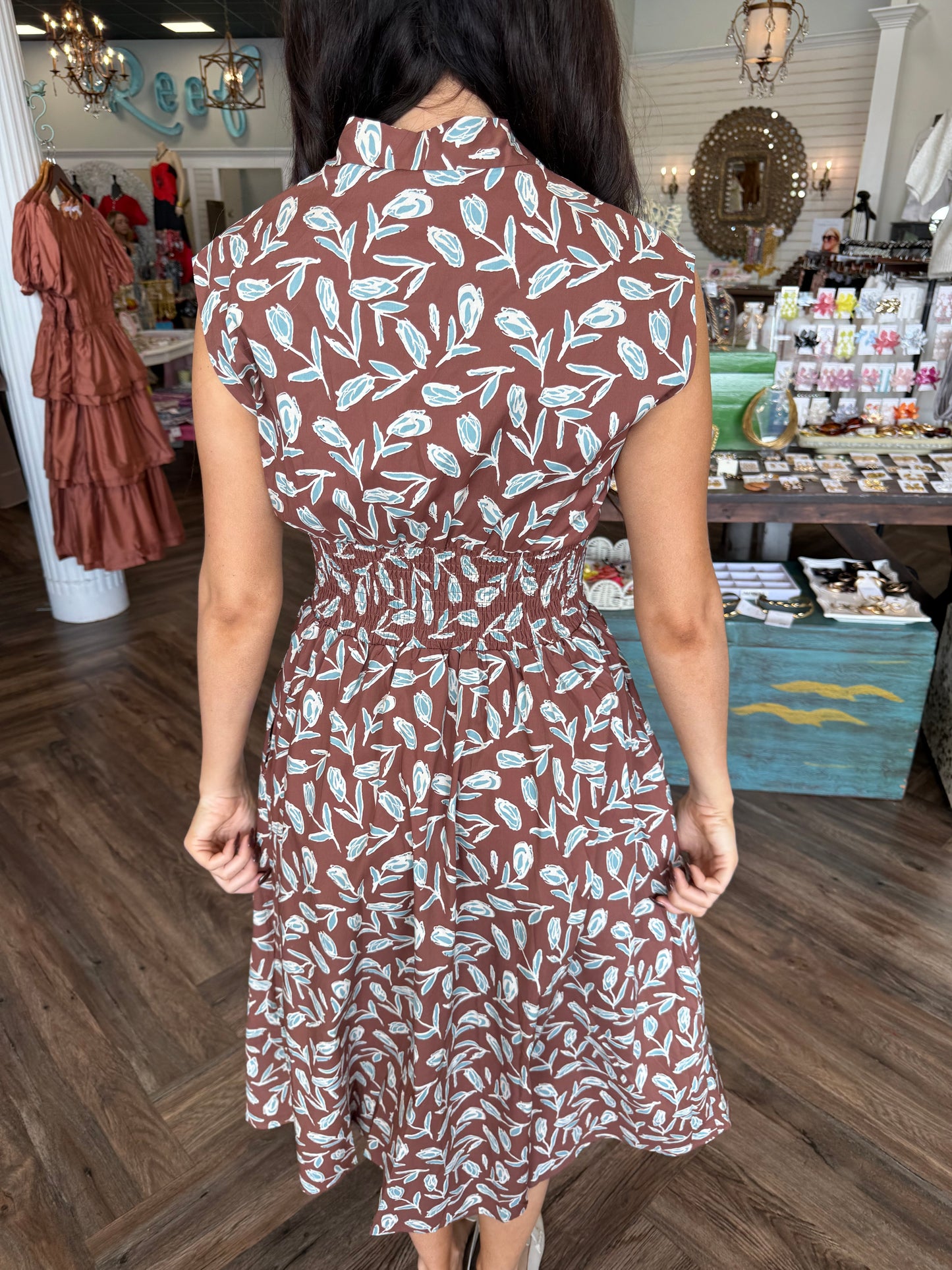 Brown and Blue Floral Zip Dress