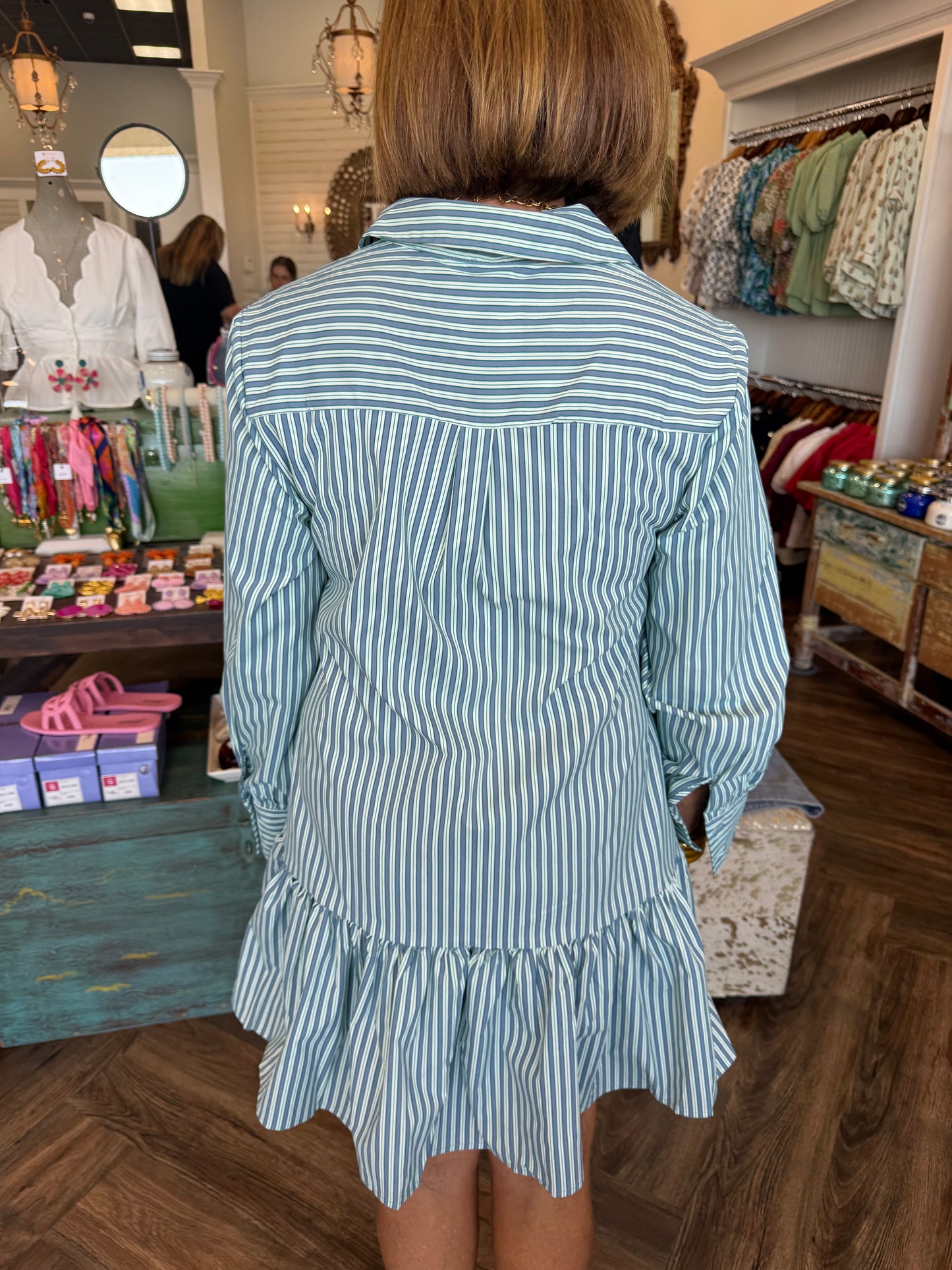 Mary Square Fiona Dress: Blue/Green Strip